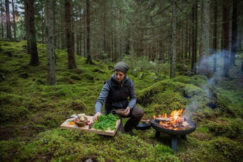 Laga och äta mat i skogen